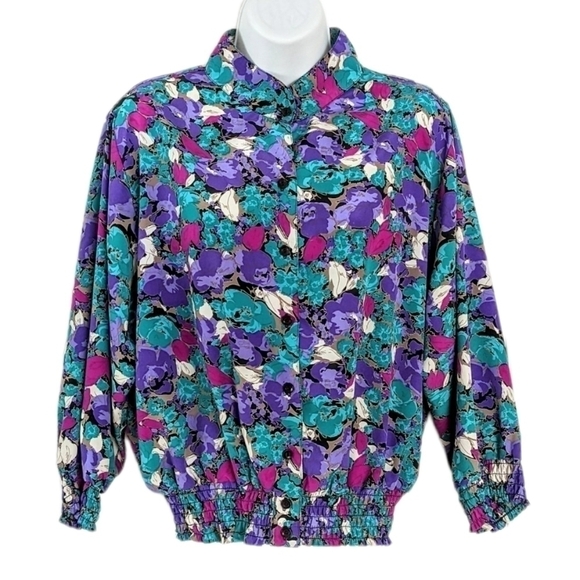 VINTAGE 90s floral blouse turquoise purple button up shirt Medium @L - Picture 1 of 9